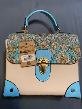 Cream and Turquoise Top-Handle Satchel with Patterned Flap